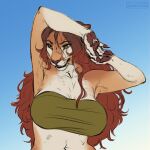  1:1 2022 anthro artist_name big_breasts breasts brown_hair brown_pawpads clothed clothing dated felid female front_view fur green_clothing green_eyes green_topwear hair half-length_portrait hi_res long_hair lostgoose mammal molly_(lostgoose) navel open_mouth orange_body orange_fur pawpads portrait simple_background solo topwear whiskers white_body white_fur 