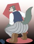  2023 anthro beastars blush bottomwear brown_clothing brown_footwear brown_shoes bubble_butt butt butt_focus canid canine canis clothing crouching ears_back footwear fur grey_body grey_fur hand_on_knee hand_on_leg hi_res legoshi_(beastars) legwear looking_at_viewer male mammal multicolored_body multicolored_fur nenana-uso pants pattern_bottomwear pattern_clothing pattern_legwear pattern_pants pivoted_ears raised_tail school_uniform shoes simple_background solo striped_bottomwear striped_clothing striped_legwear striped_pants stripes surprised_expression tail teenager two_tone_body two_tone_fur uniform wolf young 