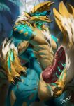  2023 abs anthro anthrofied ball_fondling ball_tuft balls blue_body blue_scales blurred_background capcom claws detailed_background digital_media_(artwork) digital_painting_(artwork) erection fanged_wyvern fondling fur genitals hi_res horn male monster_hunter muscular muscular_anthro muscular_male nude obaum pecs penis scales scalie solo tuft white_body white_fur yellow_body yellow_horn yellow_scales zinogre 