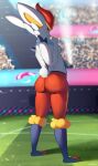  2023 absurd_res anthro athletic athletic_female big_butt breasts butt cinderace featureless_breasts female fur gatotorii generation_8_pokemon hi_res looking_at_viewer looking_back looking_back_at_viewer nintendo pokemon pokemon_(species) small_breasts solo white_body white_fur 