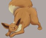  ambiguous_gender belly big_belly blep brown_body brown_fur brown_nose brown_tail closed_smile dipstick_tail eevee eyes_closed feral fur generation_1_pokemon grey_background hi_res markings mouth_closed neck_tuft nintendo pokemon pokemon_(species) red_tongue roobin signature simple_background solo tail tail_markings tan_body tan_fur tan_tail tongue tongue_out tuft wide_hips 