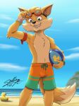  anthro ball beach bottomwear clothing hi_res male mammal paladins pip pip_(paladins) sagadreams seaside shorts solo swimming swimming_trunks swimwear 