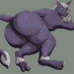  anthro artist_name big_butt butt featureless_crotch glistening glistening_eyes green_eyes hair hi_res lying male mouth_closed nude on_side purple_body purple_ears purple_tail roobin simple_background solo species_request tail white_hair 