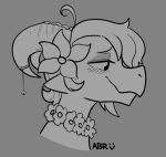  abigrock accessory ahoge anthro bell blush eyeshadow female flower flower_in_hair flower_necklace hair hair_accessory horn jewelry ko_(e10109) kobold makeup monochrome plant signature sketch smile solo 