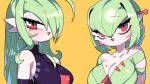  16:9 breasts clothed clothing collarbone drunk_oak duo female gardevoir generation_3_pokemon green_hair hair hi_res iris looking_at_viewer nintendo pokemon pokemon_(species) pupils red_eyes red_tongue tongue white_body white_skin widescreen 