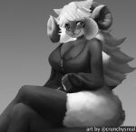  anthro anthrofied big_breasts blush bovid breasts caprine crunchydragon digital_drawing_(artwork) digital_media_(artwork) female fur generation_8_pokemon goat mammal monochrome nintendo pokemon pokemon_(species) pokemorph sheep simple_background solo wool_(fur) wooloo 