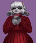  &lt;3 animated anthro beverage bovid bovine cattle clothing container cup ear_piercing ear_tag eyes_closed female floating_hearts floppy_ears heart_(marking) horn low_res mammal miravine mug piercing red_clothing short_playtime simple_background solo sweater topwear vrisoka 
