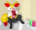  animal_genitalia animal_penis anthro balls bathroom black_body blush bottle braixen canine_genitalia canine_penis container generation_6_pokemon genitals hi_res holding_object lewdkitten069 male masturbation nintendo penetrable_sex_toy penile penile_masturbation penis pokemon pokemon_(species) red_eyes sex_toy solo yellow_body 