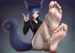  2022 5_toes animal_humanoid barefoot butt canid canid_humanoid canine canine_humanoid clothing colored_nails feet female foot_focus fox_humanoid fur hair humanoid humanoid_feet inner_ear_fluff light_body light_skin long_hair mammal mammal_humanoid nails plantigrade puffypinkpaws purple_body purple_fur purple_hair red_eyes simple_background soles toes tuft 