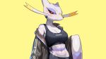  16:9 2023 anthro breasts cleavage clothed clothing collarbone drunk_oak female generation_5_pokemon hi_res medium_breasts midriff mienshao multicolored_body navel nintendo pokemon pokemon_(species) pupils purple_body red_eyes simple_background solo teeth white_pupils widescreen yellow_background 