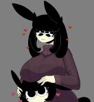  &lt;3 absurd_res animal_humanoid big_breasts black_body black_eyes black_eyeshadow black_fur black_hair blush blush_lines boob_hat breasts clothing duo eyelashes eyeshadow female fur grey_background hair hi_res huge_breasts humanoid lagomorph lagomorph_humanoid leporid_humanoid makeup mammal mammal_humanoid purple_clothing purple_sweater purple_topwear rabbit_humanoid rose_(saltynoodles) saltynoodles short_hair simple_background smile sweater tan_body tan_skin topwear 