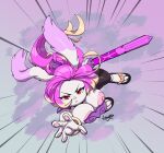  2023 3_toes 5_fingers anthro areola artist_logo breasts clothed clothing feet female fingers fur gunfire_reborn hair hi_res holding_object holding_sword holding_weapon joaoppereiraus lagomorph leporid logo mammal melee_weapon nipples pink_hair rabbit red_eyes solo sword tao_(gunfire_reborn) toes weapon white_body white_fur 