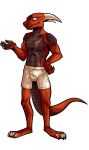  absurd_res anthro boxers_(clothing) claws clothing dragon effarreturns hand_on_hip hi_res horn male pawpads red_dragon scalie scar simple_background solo underwear western_dragon white_background xaldin 