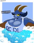  anthro big_breasts black_pupils blue_body bovid breasts caprine cleavage clothed clothing english_text epic_games female fortnite goat goat_simulator half-closed_eyes hi_res horizontal_pupils horn huge_breasts looking_at_viewer mammal narrowed_eyes partially_submerged pilgor_(goat_simulator) pupils question_mark soap_bubbles solo speech_bubble text water yellow_sclera zeglo-official 