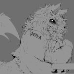  1:1 anthro big_breasts black_sclera bone breasts canid canine canis claws clothed clothing female fur grey_background grey_body grey_fur hi_res huge_breasts jellyborowski looking_at_viewer mammal monochrome scp-1471 scp-1471-a scp_foundation sharp_claws shirt side_view simple_background skull skull_head solo topwear torn_clothing torn_shirt torn_topwear white_eyes wolf 