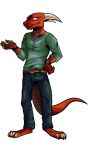  absurd_res anthro belt belt_buckle bottomwear bracelet claws clock clothing dragon effarreturns hand_on_hip hi_res horn jewelry male pants pawpads red_dragon scalie shirt simple_background solo topwear untucked_shirt watch western_dragon white_background xaldin 