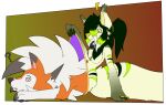  3_fingers 4_toes alpha_channel ambiguous_gender anthro anthro_to_feral black_claws black_hair black_nose black_pawpads breasts canid canine chest_tuft claws collar collar_only digital_media_(artwork) dipstick_ears dusk_lycanroc exclamation_point featureless_breasts feet female feral finger_claws fingers fluffy fluffy_tail fur generation_7_pokemon gloves_(marking) green_body green_fur hair hi_res inner_ear_fluff lycanroc mammal markings multicolored_ears nintendo nude pawpads pokemon pokemon_(species) question_mark simple_background species_transformation spiral tail theobsidianvixen toes transformation transformation_ring tuft udtf white_body white_fur yellow_nose yellow_sclera 