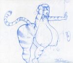  2013 anthro areola bathing big_breasts biped blue_and_white breasts daigo eyes_closed felid female hair hanging_breasts huge_breasts leaning leaning_forward mammal monochrome nipples nude open_mouth pantherine showering solo tabytha_starling tiger 