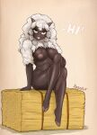  2023 anthro anthrofied areola bra breasts clothing cloven_hooves crossed_legs female generation_8_pokemon hay hay_bale hi_res hooves horn looking_at_viewer nintendo nipples pokemon pokemon_(species) seriousb sitting solo underwear wooloo 