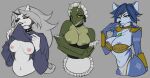  5_fingers accessory anthro areola argonian bethesda_softworks big_breasts blue_areola blue_body blue_hair bottomwear breasts canid canid_demon canine clothed clothing demon ear_piercing female female_anthro fingers fox ghostylime green_areola green_body green_eyes grey_hair group hair hellhound helluva_boss hi_res jewelry krystal lifts-her-tail loincloth looking_at_viewer loona_(helluva_boss) lusty_argonian_maid mammal markings medium_breasts multicolored_body multicolored_scales navel necklace nintendo nipples non-mammal_breasts piercing pink_nipples pupils red_sclera reptile scales scalie seductive shoulder_pads skyrim slit_pupils smile standing star_fox the_elder_scrolls tribal tribal_markings trio two_tone_body two_tone_scales white_body white_eyes yellow_eyes 