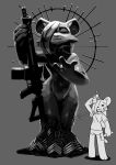  absurd_res anthro bodily_fluids bottomwear breasts cheek_tuft clothed clothing digital_media_(artwork) dress eyes_closed facial_tuft female fingers fur gun hair hair_over_eye halo hammer hi_res holding_gun holding_object holding_weapon hyena jk_(kemokin_mania) kemokin_mania mammal monochrome one_eye_obstructed ranged_weapon rifle sculpture shaded shirt simple_background solo spots spotted_hyena statue sweat tools topwear tuft weapon white_clothing 