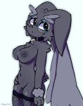  anthro bell bell_collar blue_eyes breasts bubble_butt butt clothing collar exposed_breasts eyelashes eyewear female fishnet fishnet_legwear fluffy fur generation_4_pokemon glasses grey_body grey_fur grey_nipples hi_res legwear long_ears lopunny nintendo nipples pokemon pokemon_(species) robynfloof round_glasses short_tail solo squish tail thick_thighs thigh_highs thigh_squish 