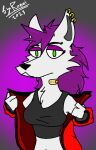  anthro canid canine canis clothed clothing ear_piercing ear_ring female fur green_eyes grey_body grey_clothing grey_fur grey_shirt grey_topwear hair jacket long_hair looking_at_viewer mammal piercing purple_hair red_clothing red_jacket red_topwear ring_piercing ronai_fox shirt simple_background solo t-shirt topwear wolf 