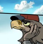  accipitrid accipitriform amphibian anthro avian beak bird brown_body brown_feathers clothed clothing cloud eagle feathers frog hand_on_cheek hat headgear headwear male pondering shurueder sky solo thinking 