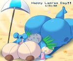 absurd_res anthro beach beach_towel beach_umbrella bedroom_eyes big_breasts big_butt blue_eyes blush blush_stickers breasts butt coconut_bra container cup english_text exclamation_point female finalofdestinations generation_1_pokemon glass glass_container glass_cup grass_skirt hi_res horn huge_breasts huge_butt huge_thighs hyper hyper_breasts hyper_butt lapras lying multicolored_body narrowed_eyes nintendo on_front pokemon pokemon_(species) seaside seductive shell solo text thick_thighs towel two_tone_body 