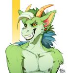  2023 anthro areola black_sclera blue_hair bust_portrait chin_piercing dated dragon ear_piercing famir_(artist) famir_(character) front_view fur furred_dragon gauged_ear glistening glistening_eyes green_body green_fur green_hair grin hair looking_at_viewer male multicolored_hair nipples nude piercing portrait pupils red_areola red_inner_ear red_nipples sharp_teeth signature simple_background slit_pupils smile solo stud_piercing teeth white_hair yellow_eyes yellow_inner_ear 