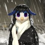  1:1 2023 absurd_res anthro avian beak bird black_hair blue_body blue_feathers chickhawk96 clothed clothing eyebrows eyelashes feathers female hair hi_res long_hair looking_at_viewer meme outside purple_eyes scarf snow snowing solo watermark white_body winter 