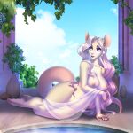  1:1 2023 anthro areola blue_eyes breasts day deerstail detailed_background digital_media_(artwork) eyebrows eyelashes female hair hi_res mammal mouse murid murine nipples outside rodent sky smile solo teeth white_hair 