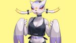  16:9 2023 anthro black_clothing black_topwear bodily_fluids breasts cleavage clothed clothing drunk_oak female fingers generation_5_pokemon hi_res medium_breasts midriff mienshao multicolored_body navel nintendo open_mouth pokemon pokemon_(species) pupils purple_body red_eyes simple_background solo sweat teeth tongue topwear white_pupils widescreen yellow_background 