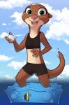  2022 absurd_res anthro bottomwear clothing disney female green_eyes hi_res looking_at_viewer mammal midriff mrs._otterton mustelid navel open_mouth open_smile otter sea shorts siroc smile solo swimwear water zootopia 