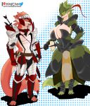  accessory anthro armor capcom clothed clothing dress duo female flying_wyvern green_body green_scales headband hi_res holding_object holding_weapon kingchan male monster_hunter rath_wyvern rathalos rathian red_body red_scales rhall scales text thiania url weapon 