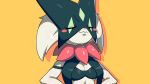  16:9 anthro breasts cleavage clothed clothing drunk_oak eyes_closed female fur generation_9_pokemon green_body green_clothing green_fur hi_res light_body light_fur medium_breasts meowscarada nintendo orange_background pink_nose pokemon pokemon_(species) simple_background solo widescreen 
