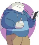  2019 3_fingers anthro bottomwear clothing container cup dc_comics digital_media_(artwork) eyes_closed fin fingers fish gendo_(artist) grey_body grey_skin hi_res holding_object king_shark male marine multicolored_body multicolored_skin overweight overweight_anthro overweight_male pants phone shark simple_background smile solo standing straw sweater topwear two_tone_body two_tone_skin white_background 