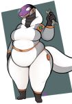  2023 4_fingers anthro breasts chubby_anthro chubby_female cobra eyebrows female fingers hi_res holding_object keeshee ncs purple_body reptile scalie snake solo spacesuit standing tail thick_thighs tools wrench 