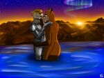  anthro aurora_(phenomenon) bodily_fluids canid canine crying duo fox hi_res male male/male mammal mountain sergld sunset tears transformation water 