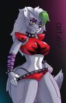  2023 absurd_res animatronic anthro armwear art.eje black_lips bra bracelet breasts canid canine canis clothed clothing collar digital_media_(artwork) ear_piercing ear_ring female five_nights_at_freddy&#039;s five_nights_at_freddy&#039;s:_security_breach fur green_hair grey_body grey_fur hair hi_res jewelry kneeling legwear lips long_hair looking_at_viewer machine mammal multicolored_hair piercing ring_piercing robot roxanne_wolf_(fnaf) scottgames sharp_teeth solo spiked_bracelet spiked_collar spikes teeth two_tone_hair underwear wolf yellow_eyes 
