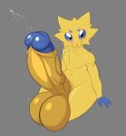  absurd_res anthro balls big_balls big_penis bodily_fluids generation_5_pokemon genital_fluids genitals grey_background hi_res huge_balls huge_penis hyper hyper_balls hyper_genitalia hyper_penis joltik leaking_precum male navel nintendo nude penis pokemon pokemon_(species) precum simple_background solo spinycatto vein veiny_penis yellow_body 