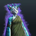  1:1 3_eyes alien antennae_(anatomy) anthro breasts clothed clothing female frostwyrm102 gradient_background green_body kelp mirromy multi_eye pink_nose purple_eyes simple_background solo toga white_body 