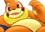  ambiguous_gender anthro belly_focus black_markings black_nose blush blush_lines brown_eyes buizel claws claws_out close-up fur generation_4_pokemon lying markings nintendo on_back open_mouth orange_body orange_fur pale_countershading pokemon pokemon_(species) raising_arm sharp_claws sharp_teeth simple_background smile smiling_at_viewer solo teeth tongue ume0427 white_background 