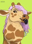  artist_name black_tongue brown_body brown_eyes brown_fur female female_pred feral front_view fur giraffe giraffid glistening glistening_eyes green_background hair hi_res looking_aside mammal neck_bulge pink_hair roobin simple_background solo tan_body tan_fur tongue tongue_out 