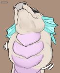 ambiguous_gender artist_name blue_frill brown_background dragon ear_frill eyes_closed feral frill_(anatomy) front_view hi_res mouth_closed neck_bulge pink_body rimefang roobin scalie simple_background solo swallowing tan_body vore 