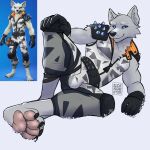  1:1 alternate_form anthro arctic_fox artist_name athletic athletic_anthro athletic_male bandage bandaged_leg barefoot belt blue_eyes bulge camo camo_clothing camo_print canid canine clothed_anthro clothed_male clothing diamobster digital_media_(artwork) epic_games feet fennix_(fortnite) fortnite fox fur gloves handwear hi_res knee_pads lying male male_anthro mammal on_side pattern_clothing pawpads shoulder_pads snow solo spiked_shoulder_pads spikes white_body white_clothing white_fur winter_warrior_fennix zipper 