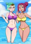  2022 3_eyes 5_fingers amity_blight bikini boscha_(the_owl_house) breast_size_difference breasts clothed clothing disney duo female fingers green_hair hair hi_res humanoid humanoid_pointy_ears looking_at_viewer multi_eye navel not_furry one_eye_closed open_mouth partially_submerged pixallion purple_bikini purple_clothing purple_swimwear red_hair short_hair swimwear the_owl_house water wink winking_at_viewer witch_(the_owl_house) yellow_bikini yellow_clothing yellow_swimwear 