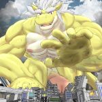  1:1 5_fingers abs anthro biceps big_penis biped building building_destruction city city_destruction cloud darkai_(character) destroyed_building destruction dragon erection fingers genitals glans hair hand_on_ground hi_res huge_penis humanoid_genitalia humanoid_penis hyper hyper_genitalia hyper_penis kneeling landscape_dwarfing low-angle_view macro male mfive_(artist) muscular muscular_anthro muscular_male nipples open_mouth pecs penis solo vein veiny_penis white_hair yellow_body 