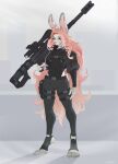  ansart anthro big_ears blue_eyes bodysuit clothing female grey_body gun hair hi_res hood lagomorph leporid long_hair mammal pink_hair rabbit ranged_weapon rifle skinsuit sniper sniper_rifle solo straps tight_clothing weapon 