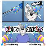  1:1 2023 3_panel_comic anthro birthday black_nose broitscody brown_eyes canid canine canis character_request clothing comic dialogue english_text fur grey_body grey_ears grey_fur grey_hair hair hat headgear headwear hi_res instagram_logo male mammal monotone_hair multicolored_body multicolored_fur neck_tuft one_eye_closed onomatopoeia open_mouth party_hat purple_clothing purple_shirt purple_t-shirt purple_topwear reddit_logo shirt shocked solo sound_effects speech_bubble streamer surprise t-shirt text topwear tuft twitter_logo two_tone_body two_tone_fur white_body white_fur wolf 